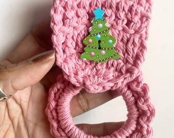Pink Crochet Kitchen Towel Holder with Christmas Tree Button - Ready to Ship