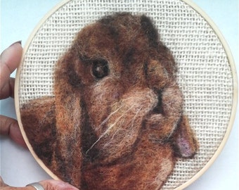 Embroidery Hoop Art Mini Lop Bunny on Cream Burlap Needle Felting Pet Portrait 6" READY to SHIP