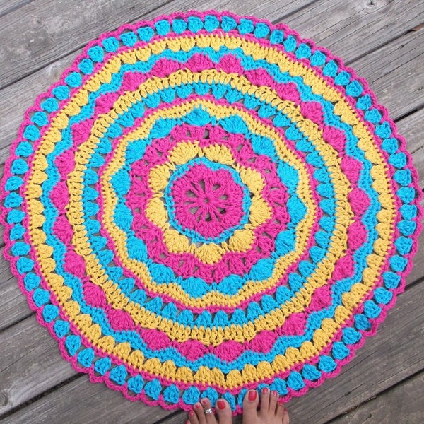 SALE Turquoise, Gold and Hot Pink Cotton Crochet Doily Rug 30" Round READY to SHIP