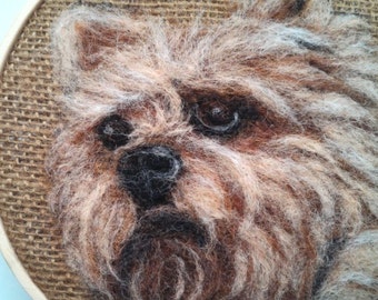 Embroidery Hoop Art Yorkie Dog on Brown Burlap Needle Felting Pet Portrait 6"