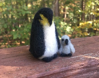 Needle Felted Emperor Penguin and Chick READY TO SHIP