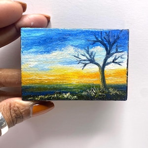 Mini Oil Painting Sunset Tree Landscape 2&quot;x 3&quot; READY to SHIP