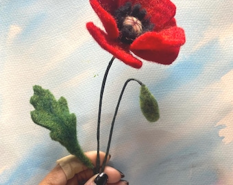 Tallo de flor de amapola de fieltro con aguja - HECHO BAJO PEDIDO