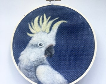 Needle Felted Sulphur Crested Cockatoo on Blue Burlap, 6” Hoop