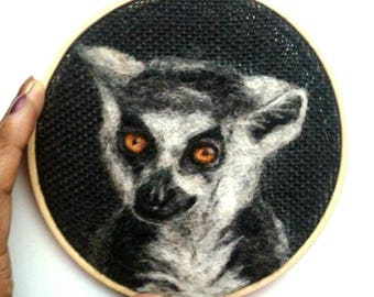 Needle Felted Ring Tailed Lemur on Black Burlap,  6" hoop