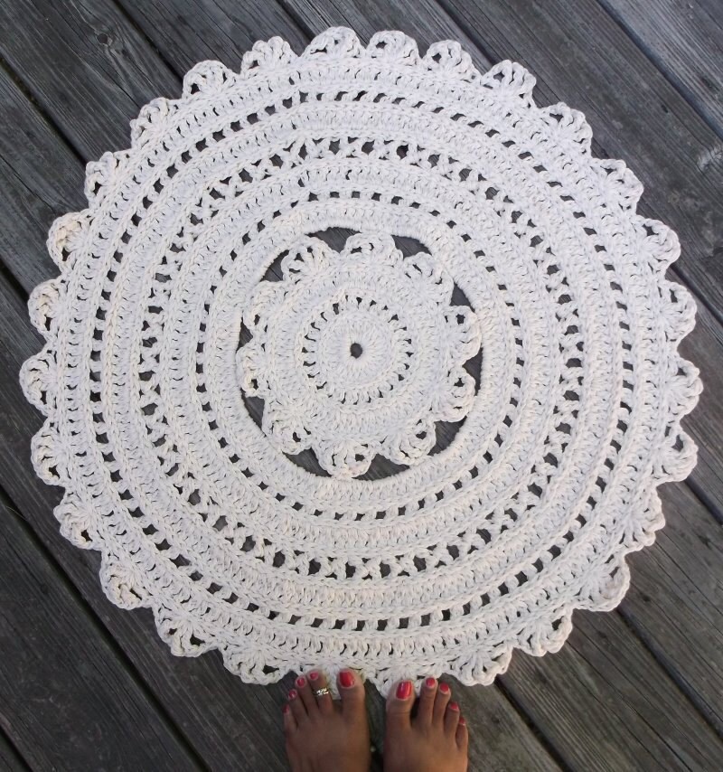 Ecru Off White Cotton Crochet Rug 30 Circle Non Skid Etsy