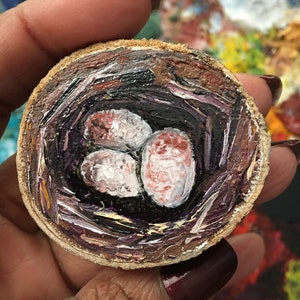 Mini Oil Painting Birds Nest on Wood Slice 2&quot;, Ready to Ship