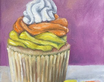 Oil Painting Candy Corn Cupcake 8" x 10" READY to SHIP