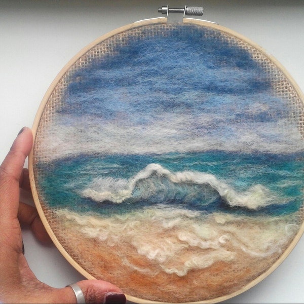 SALE Embroidery Hoop Art Beach Wave Sea Ocean on Brown Burlap Needle Felting Landscape 8" READY to SHIP