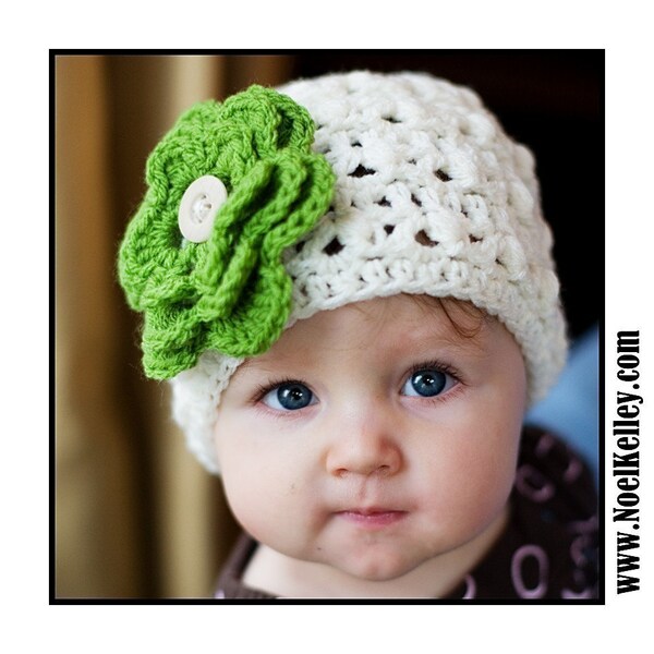 TWISTED BOUQUET BEANIE Boutique Cream Beanie Skull Hat Crochet with 7 Interchangable flowers to match any outfit-UPICK SIZE-5 SIZES... GREAT PHOTO PROP