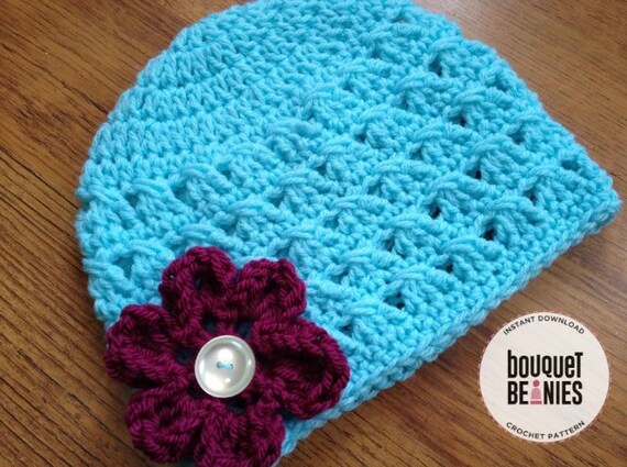 Criss Cross Beanie Hat With Curled Flower 6 Sizes Newborn To Adult Crochet Pattern