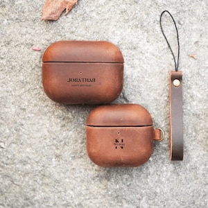 Gepersonaliseerde AirPods Pro 2/4 leren tas - Retro AirPods-hoesje van echt leer, cadeau voor heren