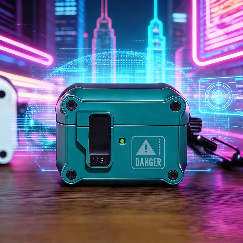 May include: Teal-colored protective case for earbuds with a black latch and the word "DANGER" printed on the front. The case has a rugged design with visible screws and a small green light. A black lanyard is attached to the case.