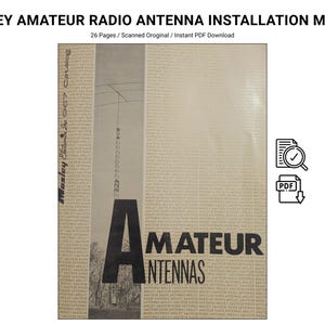 Può includere: Un manuale intitolato "MOSLEY AMATEUR RADIO ANTENNA INSTALLATION MANUAL" con il testo "AMATEUR ANTENNAS" in grandi lettere nere. La copertina è beige con una striscia grigia verticale e una piccola illustrazione di un'antenna. Include un'icona di download PDF.