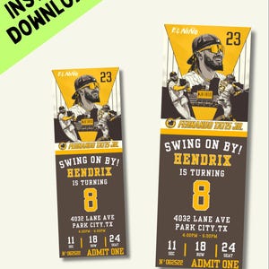 Peut inclure: Une invitation d'anniversaire de baseball imprimable pour un 8ème anniversaire. Le billet est brun avec du texte jaune et présente un joueur de baseball avec le texte "Swing on by! Hendrix is turning 8".