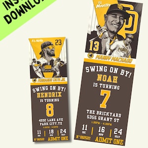 May include: Two printable baseball-themed birthday party invitations. One features Fernando Tatis Jr. and the text "Swing on by! Hendrix is turning 8." The other features Manny Machado and the text "Swing on by! Noah is turning 7." Both are 2.5 x 7 inches.