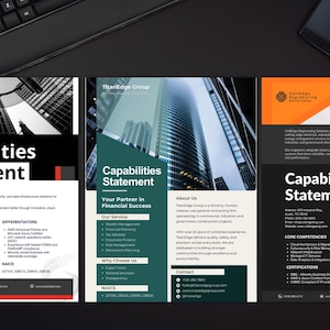 May include: Three professional business capability statement documents displayed side-by-side. Each document features a corporate logo, the text Capabilities Statement, company overview, core competencies, and certification details in a clean layout.