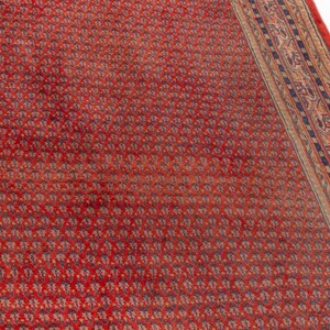 Puede incluir: Una alfombra oriental roja con un patr&oacute;n floral repetido. La alfombra tiene un borde detallado con acentos azules, beige y rojos. El dise&ntilde;o general es intrincado y tradicional, adecuado para la decoraci&oacute;n del hogar.