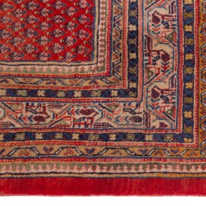 Puede incluir: Primer plano de una secci&oacute;n de una alfombra oriental roja y beige. La alfombra presenta intrincados patrones geom&eacute;tricos en tonos rojos, azules, beige y verdes. El borde tiene un dise&ntilde;o detallado y la alfombra tiene un borde con flecos.