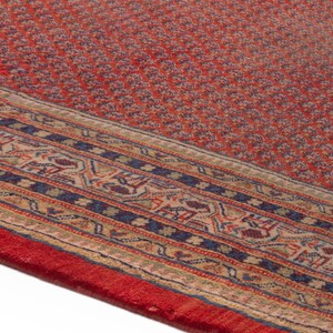 Puede incluir: Primer plano de una alfombra roja estampada con un borde detallado. La alfombra presenta un dise&ntilde;o floral repetido en tonos rojos y azules. El borde tiene patrones intrincados en beige, azul y rojo.