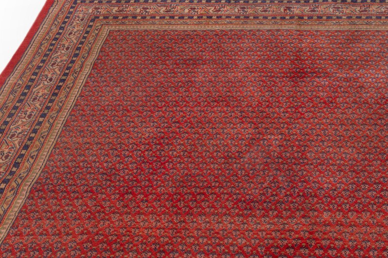 Puede incluir: Primer plano de una alfombra oriental roja con un patr&oacute;n floral repetido. La alfombra tiene un borde azul oscuro y beige con dise&ntilde;os detallados. El campo principal de la alfombra es de color rojo intenso.