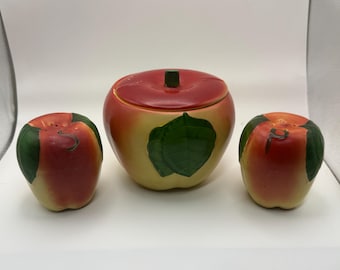 Vintage Hull Pottery Blushing Apple Grease Jar w/ Salt and Pepper Shakers