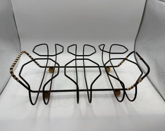 Vintage Mid-Century Modern Glass Caddy Rack Black Metal 6 Spots