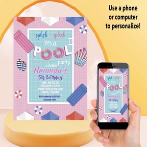 Pool Party Invitation, Pool Birthday Party, Pastel Invite, Summer Birthday Party, Swimming Party, Waterslide Water Party, Kids Swim