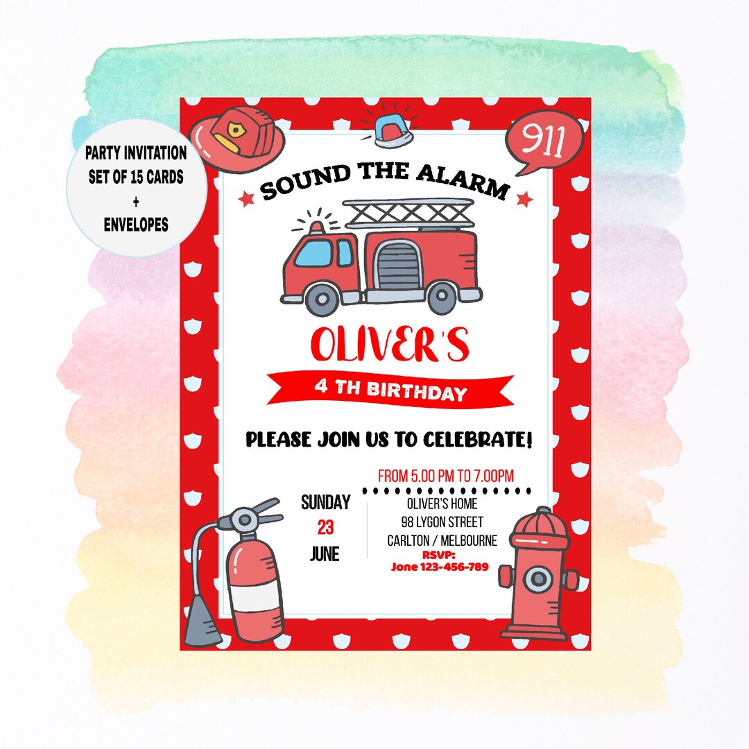 Fire Truck Party Birthday Invitation, Template Party Invitation, Invite ...