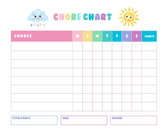Può includere: Un grafico delle faccende stampabile colorato con una nuvola sorridente e un sole. Il grafico ha spazi per elencare le faccende, i giorni della settimana e i punti guadagnati. Include anche sezioni per il totale dei punti, l'obiettivo e la ricompensa.