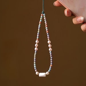 Handmade Pearl Beaded Phone Chain: Rainbow Stone Lanyard