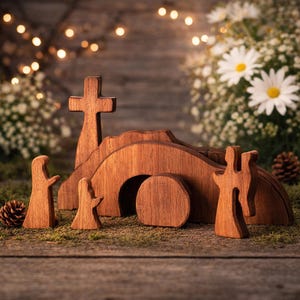Set di scene della Resurrezione in legno, decorazioni cristiane della Resurrezione, decorazioni religiose da tavolo con la croce di Gesù, esposizione di fede pasquale, regalo cristiano