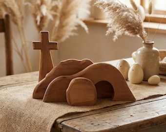 Ostern leeres Grab hölzernes Set, christliches Auferstehungsszenendekor, er ist auferstandenes Osteranzeige, religiöses Ostergeschenk, christliches Wohndekor