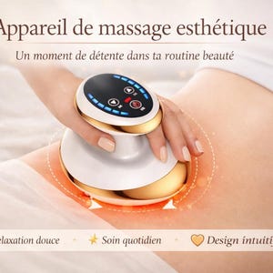 Puede incluir: Un dispositivo de masaje estético blanco y dorado con una pantalla digital circular que presenta luces indicadoras azules e iconos de control rojos. El texto Appareil de massage esthétique y Un moment de détente dans ta routine beauté es visible.