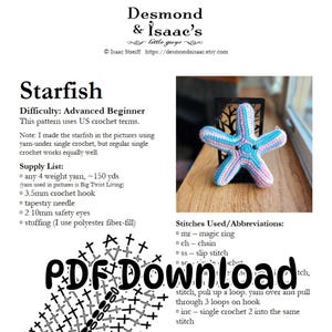 Peut inclure: Un modèle de crochet pour une étoile de mer rose et bleue avec un nez et des yeux noirs. Le modèle s'appelle "Starfish" et est classé "Débutant avancé". Le modèle utilise les termes de crochet américains et comprend une liste de fournitures et des abréviations pour les points.