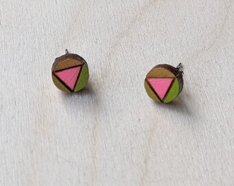 Geometric Earrings, Small Circle Triangle Stud Earrings, Hand Painted Wood Earrings, Handmade Jewelry, Laser Cut Wooden Triangles