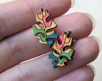 Leaf Earrings, Abstract Stud Earrings, Hand Painted Wood Earrings, Handmade Jewelry, Hand Painted Laser Cut Wooden Leaves