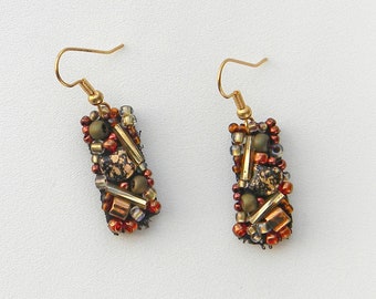 Hand Beaded Dangling Earrings || Red, Copper, & Gold Beads on Black Leather and Lace