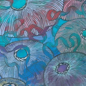 Puede incluir: Pintura abstracta de círculos coloridos superpuestos con un patrón texturizado y rayado. Los círculos están delineados en negro y tienen un agujero central. El fondo es una mezcla de azul, verde y morado.