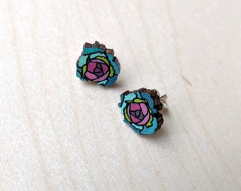 Cabbage Rose Stud Earrings, Hand Painted Wood Earrings, Handmade Jewelry, Tiny Hand Painted Laser Cut Wooden Roses