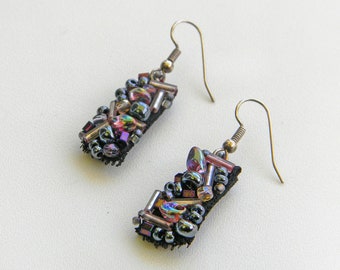 Hand Beaded Dangling Earrings || Purple, Pink, & Graphite Beads on Black Leather and Lace