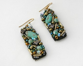 Hand Beaded Dangling Earrings || Turquoise, Copper, & Gold Beads on Black Leather and Lace