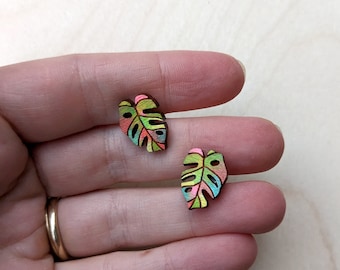 Monstera Leaf Stud Earrings, Hand Painted Wood Earrings, Handmade Jewelry, Tiny Hand Painted Laser Cut Wooden Monstera Leaves