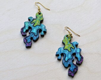 Drip Earrings, Abstract Earrings, Hand Painted Wood Earrings, Handmade Jewelry, Hand Painted Laser Cut Wood