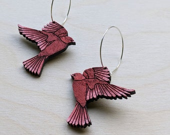 Bird Earrings, Red Flying Bird Earrings, Hand Painted Wood Earrings, Handmade Jewelry, Hand Painted Laser Cut Wooden Birds
