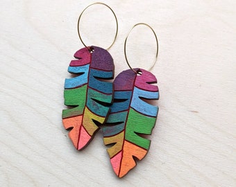 Rainbow Banana Leaf Earrings, Hand Painted Wood Earrings, Handmade Jewelry, Hand Painted Laser Cut Wood with Banana Leaf Pattern