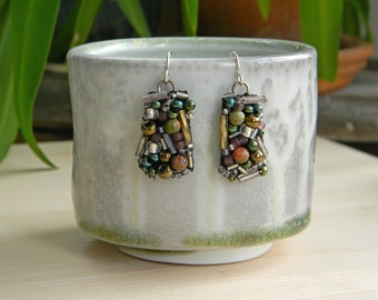 Hand Beaded Dangling Earrings || Green, Orange, & Silver Beads on Black Leather and Lace