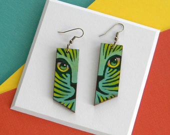 Striped Cat Earrings || Hand-painted vivid colors on reclaimed wood finished with glossy varnish and silver plated stainless steel wire