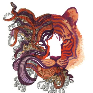 Tiger Dreams Abstract Tiger Art Print, Cat Painting Orange, Red & Purple, Tiger Illustration image 1