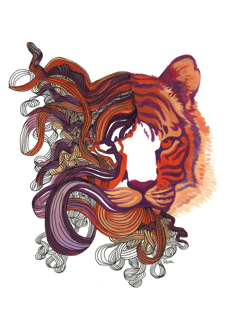 Tiger Dreams Abstract Tiger Art Print, Cat Painting Orange, Red & Purple, Tiger Illustration image 1